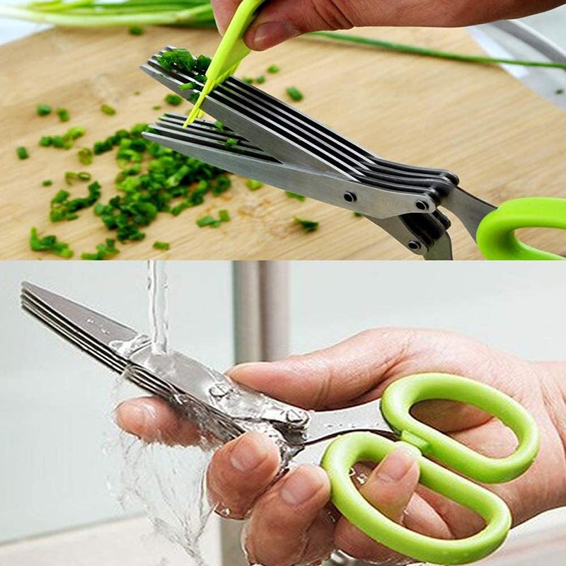 INVODA Herbal Scissors Stainless Steel 5 Blade Kitchen Scissors Mince Fresh Herbs & Leafy Greens Kitchen Gadgets Herb Cutter whit Cleaning Comb (Green) - Image 3